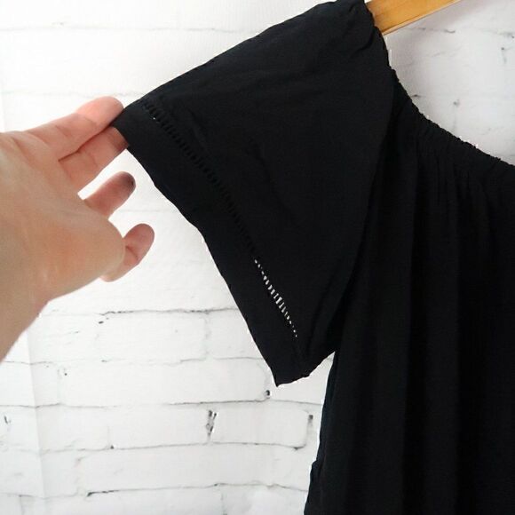 ANN TAYLOR LOFT BLACK SHORT SLEEVE ROUND NECK ROMPER WITH DRAWSTRING WAIST - Picture 5 of 10